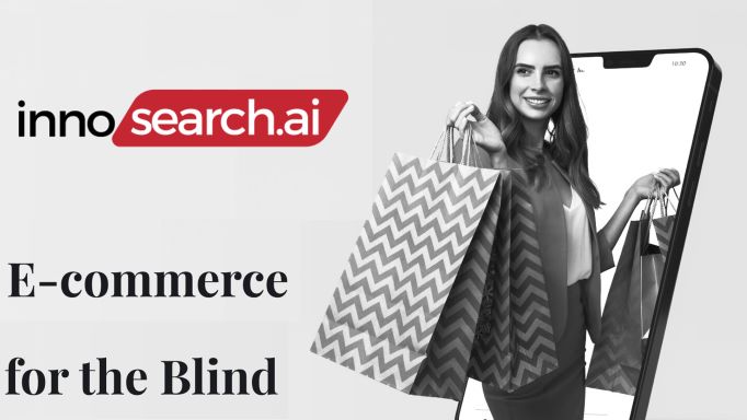 innosearch AI logo (black on white text for 'inno' and white on red text for 'search.ai') with tag-line 'E-commerce for the blind' and a photo of a smiling woman stepping out of a smartphone while holding shopping bags
